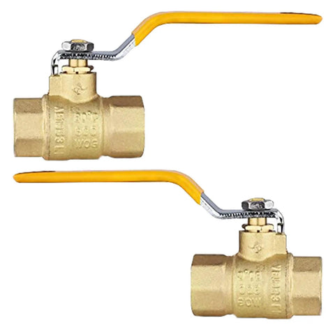 Two Pack Three Quarter Inch FIP Threaded Ball Valve Set With Brass Full Port Shut Off, Three Quarter Inch Female NPT Connections, Yellow Handle