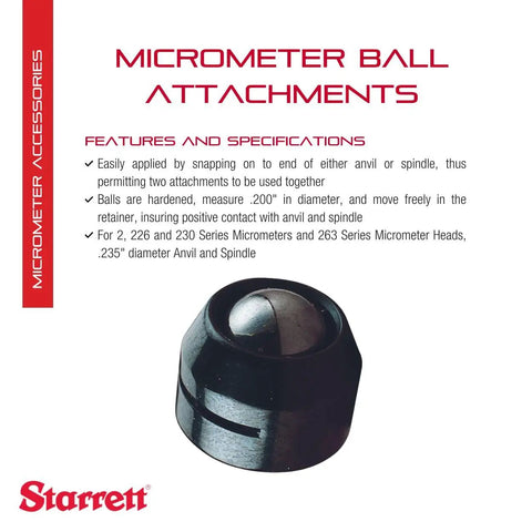 Ball Attachment For Micrometers With A 0.200 Inch Ball, Pro Grade Quick Adjustable Anvil And Spindle, product features displayed.