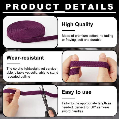 Purple Ito Sageo Wrapping Cord 5m Silk Cotton Blend 0.51 Inch Wide for Katana Tsukamaki handle wrapping and samurai sword rope
