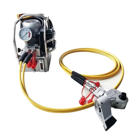 Genuine Heavy Duty Hydraulic Torque Wrench With Square Drive And 360 Degree Swivel Inlet For Pro Mechanics, includes pressure gauge and yellow hoses.