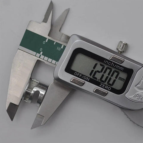 Caliper measuring 12mm cam lock fitting from Cam Lock Fittings For Furniture Connectors Kit 20 Pack 15mm x 12mm