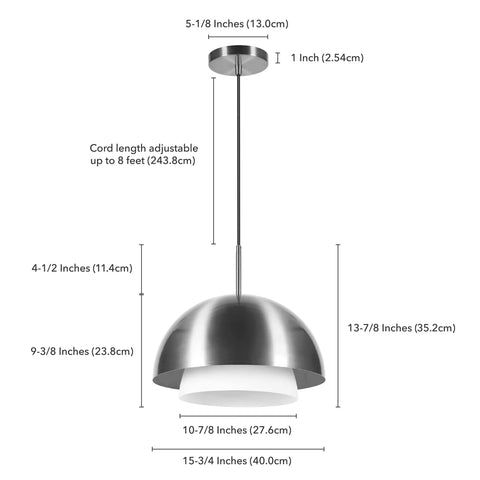 Dimensions and design of Bold 15.75 Inch Brass And White Glass Pendant Light, Two-Tone Metal Shade With Frosted Interior