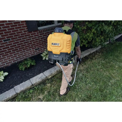 Man using 20V Lithium-Ion Battery Powered Backpack Sprayer Tool Only 4 Gallon Tank Workhorse For Pros, yellow backpack.