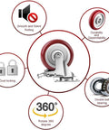 PRITEK 5-inch swivel caster wheel with red rubber tire and metal mounting plate; 360° rotation, 4-pack