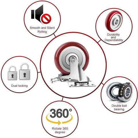 PRITEK 5-inch swivel caster wheel with red rubber tire and metal mounting plate; 360° rotation, 4-pack