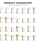 Product parameters for 100 Pack Router Bit Set With 1 Quarter Inch Shank, various carbide router bits displayed with dimensions.