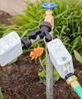 B-hyve Smart Hose Watering Timer 2-Pack With Wi-Fi Hub And Hose Splitter Gray attached to garden faucet