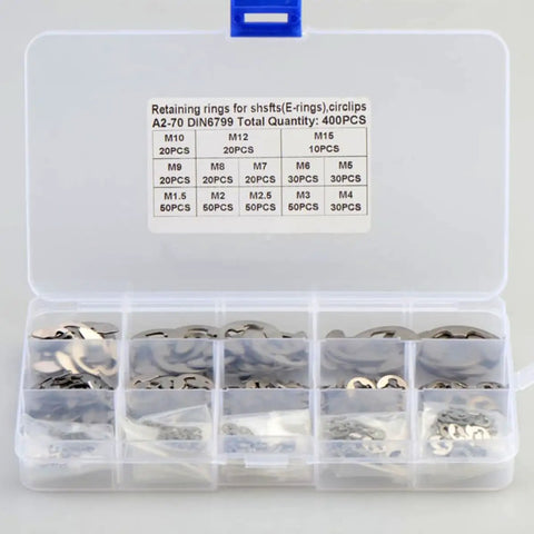 Open box of E Shaped Snap Ring Kit With 400 Piece Stainless Steel Retaining Rings Set M1.5 To M15 Heavy Duty Wear Resistant