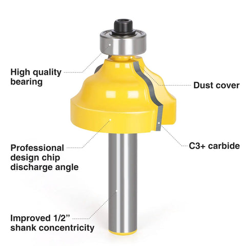 Close-up of Router Bit Set Half Inch Shank, 35 Piece Kit For Woodworking showing carbide tip and bearing details.