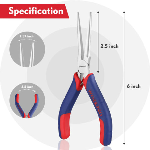 6 Inch Pro Grade Needle Nose Pliers With Smooth Jaw And Comfort Grip For Jewelry Making shown with measurement details