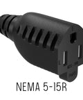 Close-up of NEMA 5-15R end of the Two Foot Extension Power Cord NEMA 5 15P To NEMA 5 15R Three Prong 16 AWG Heavy Duty Black AC Cable.