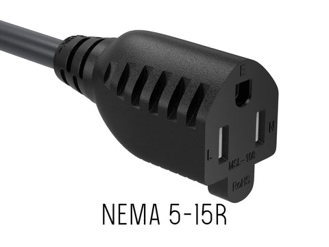 Close-up of NEMA 5-15R end of the Two Foot Extension Power Cord NEMA 5 15P To NEMA 5 15R Three Prong 16 AWG Heavy Duty Black AC Cable.