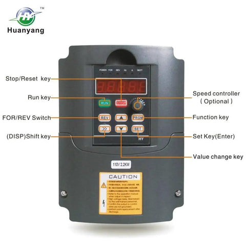 Front view of a VFD Converter 110V Single Phase To 110V Three Phase Drive For Up To 3HP Motors with label descriptions.