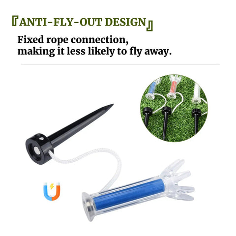 High-Performance 5 Pack Golf Tees With 360 Degree Rotating Base shown with fixed rope connection for stability