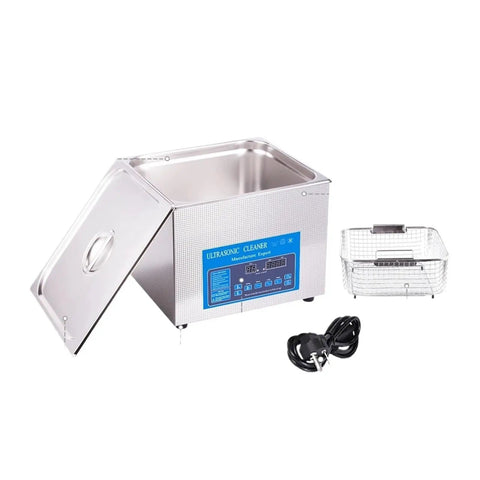Heavy Duty 15L Ultrasonic Cleaner Machine For Auto Parts Hardware Degreasing Ultrasound Washer with lid, basket, and power cord.