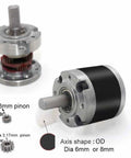 36mm Planetary Gearbox For 555 545 3650 DC Motors High Precision Metal Gears shown with pinion gears and shaft dimensions.