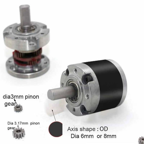 36mm Planetary Gearbox For 555 545 3650 DC Motors High Precision Metal Gears shown with pinion gears and shaft dimensions.