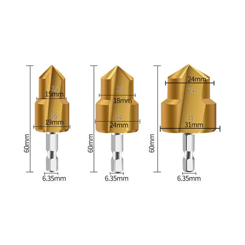 Kick Your PPR And PVC Projects Up A Notch With This High Carbon Steel Pipe Reamer Bit Set Featuring Three Heavy Duty Step Drill Bits In 19 24 And 31 Mm For Effortless Hole Expansion And Clean De Burring On All Your Home Improvement Jobs Today. 3 gold step drill bits, 6.35mm shank