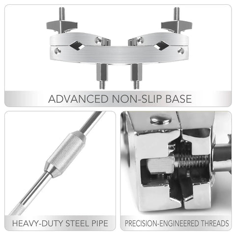 Heavy Duty Drum Clamp Mount With Extension Bar And Quick Release Multi Clamp For Secure Cymbal And Accessory Hooks Rust Resistant Zinc Alloy Build Dual Mount Brackets For Stable Gig Ready Setup, non-slip base