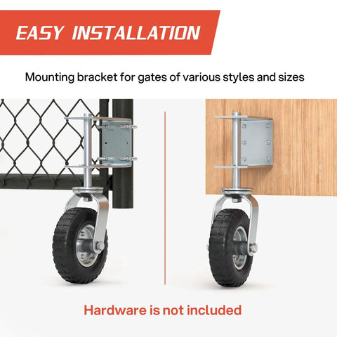 Heavy Duty Gate Wheel for Wooden or Metal Gates, 8 Inch Swivel Caster With Suspension, flat-free tire, bracket installation