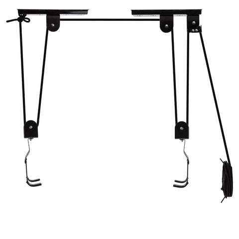 Dual Pack Ceiling Bike Hoists For Garage Storage showing hooks and pulley system for lifting bikes indoors