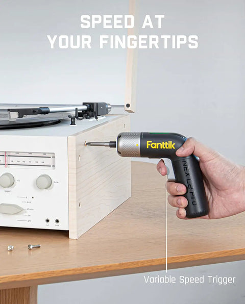 Person using cordless electric screwdriver with 7 torque settings adjustable 0.5 to 6 Nm for electronics and DIY tasks on wooden device