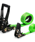 Slackline Kit With Training Line Tree Protectors shown with green ratchet and strap for outdoor balance training