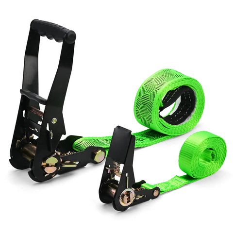 Slackline Kit With Training Line Tree Protectors shown with green ratchet and strap for outdoor balance training