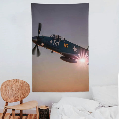 World War II Aircraft Wall Tapestry Large Polyester Print With Easy Hang Kit for bedroom depicting a flying vintage plane