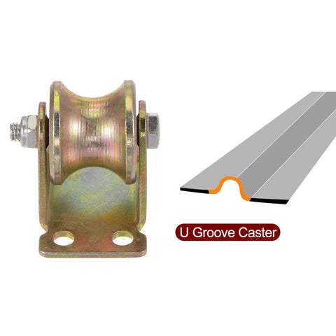4 Piece U Groove Caster Wheels 1.25 Inch With Bracket Built Tough For Inverted Track Gates And Sliding Gates Ready To Roll For Rolling Gates And Industrial Machines 441 Lbs Per Wheel Load Capacity galvanized steel U-groove caster with bracket on track