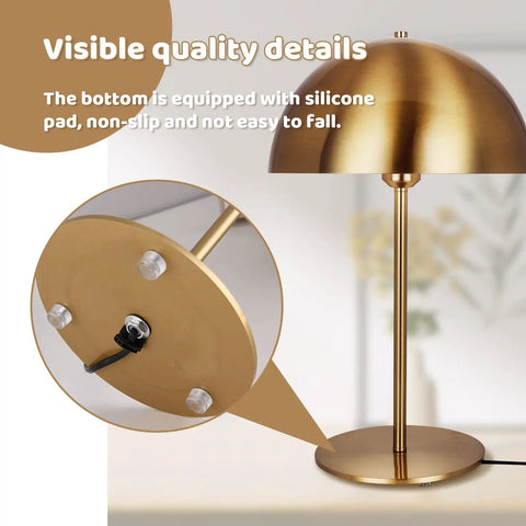 Dope Gold Table Lamp With Mushroom Dome Shade Modern Mid Century Nightstand Reading Light For Bedroom Living Room Office 18 Inch Desk Lamp Minimalist Metal Accent Rust Resistant Gold Finish Warm Glow, base detail
