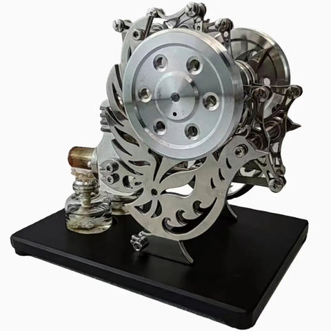 Dope DIY Stirling Engine Kit With Two Cylinder Dual Piston For Adults That Lets You Build A Hot Air External Stirling Engine Model And Geek Out On Thermodynamics With Tech Enthusiasts And Science Nerds. Metal two-cylinder Stirling engine on black base with burner.