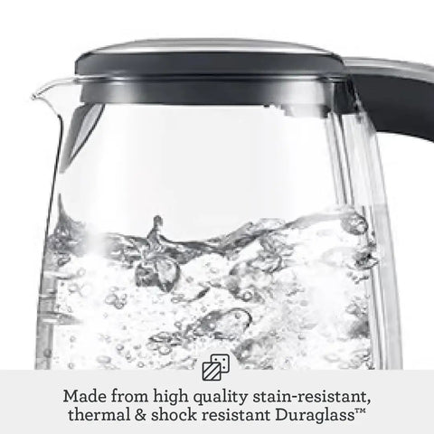 Close-up of Crystal Clear Glass Electric Kettle With German Schott Glass Soft Opening Lid boiling water