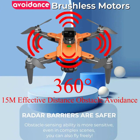 Red and orange 360 Degree Obstacle Avoidance GPS Drone With 4K Camera for Grownups in flight, displaying obstacle sensors.