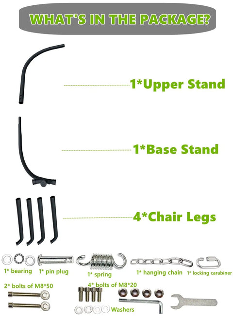 Parts for Heavy Duty Hanging Egg Chair Stand For Patio with stand, legs, bolts, springs, and tools included.