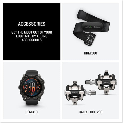 Rugged Mountain Bike GPS Computer With Preloaded Full Color Trail Maps And Advanced Performance Tracking Real Time Ride Data Safety Alerts Long Battery Life And Enduro Ready For Rough Trails accessories, including HRM 200, Fēnix 8, and Rally 100/200 pedals.