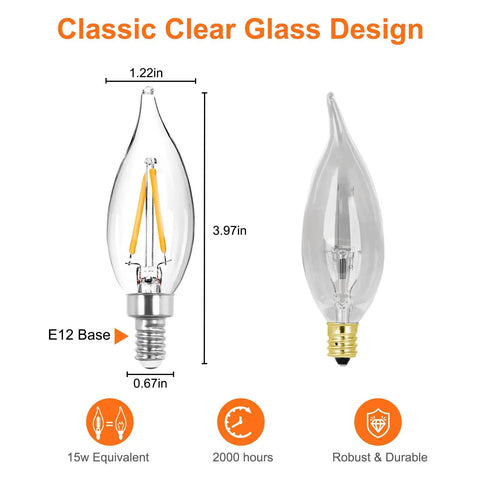 40 Watt Warm White C32 Chandelier Light Bulbs With E12 Candelabra Base, Dimmable Incandescent, 380 Lumens Bent Tip dimensions