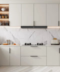 Modern kitchen with Black 5 Inch Edge Finger Cabinet Pulls Set Of 10 installed on white cabinets, showcasing aluminum alloy handles.