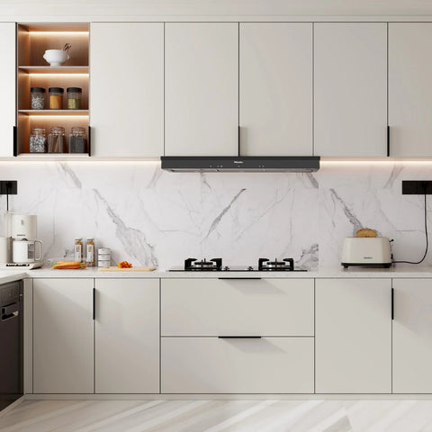 Modern kitchen with cabinets fitted with 10 Pack Black 3 Inch Edge Finger Cabinet Pulls With 76mm Center To Center 120mm Overall Length 20mm Height