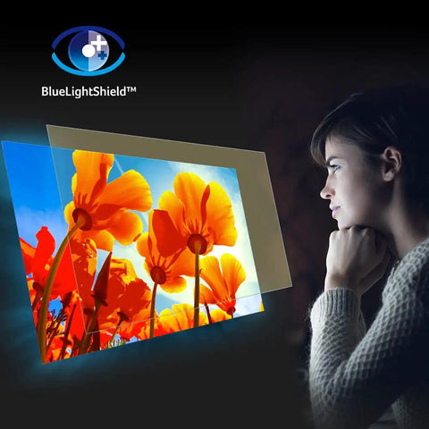 Woman looking at HD monitor with blue light filter showing vibrant flowers; Your Go-To 19.5 Inch HD Plus Monitor With 1600x900 Resolution.