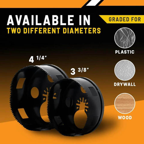 Rack-A-Tiers round hole saw set; two diameters 4-1/4 and 3-3/8; drywall recessed-light cutouts for oscillating multi-tool