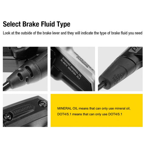 Diagram showing brake lever compatibility with DOT 5.1 Hydraulic Brake Fluid For Bike Disc Brakes, highlighting compatibility info.