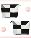 Level Up Your Packing Game With This Legit Black And White Piano Grid Print Large Toiletry Bag Crafted From Water Repellent Polyester Fabric For Hassle Free Travel Essentials And Cosmetics - Front and back view of toiletry bag.