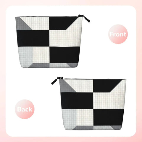 Level Up Your Packing Game With This Legit Black And White Piano Grid Print Large Toiletry Bag Crafted From Water Repellent Polyester Fabric For Hassle Free Travel Essentials And Cosmetics - Front and back view of toiletry bag.