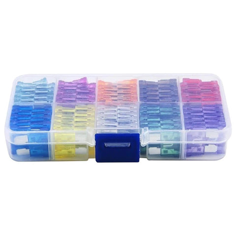 Must Have Auto Fuse Kit With 200 Pcs of 10 Types Blade Type Fuses in transparent box, ideal for DIY maintenance and repair.