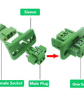 Five Pack 4 Pin Screw Terminal Block Connector With Through Wall Mount 3.81 Millimeter Pitch Beefy PA66 Flame Retardant Safe And Reliable 8 Amp At 300 Volt Fits 16 To 28 AWG Wires shown with sleeve, female socket, and male plug one set layout.