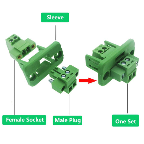 Five Pack 4 Pin Screw Terminal Block Connector With Through Wall Mount 3.81 Millimeter Pitch Beefy PA66 Flame Retardant Safe And Reliable 8 Amp At 300 Volt Fits 16 To 28 AWG Wires shown with sleeve, female socket, and male plug one set layout.