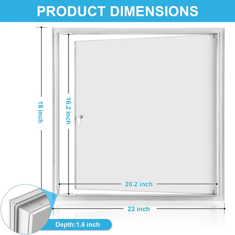 Heavy Duty White Drywall Access Panel 18 By 22 Inch dimensions showing height, width, and depth with secure lock details.