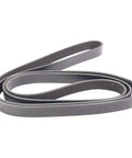 Heavy Duty Serpentine Belt Drive Component Kit With Tensioner Assembly Replacement Fits Many Oem Part Numbers Ensures Your Ride Rolls Smoothly Without Squeal Noises Or Breakdown While Driving Daily And Powering Up Smoothly Along The Road., black ribbed serpentine belt coiled on white background