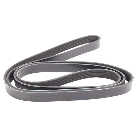 Heavy Duty Serpentine Belt Drive Component Kit With Tensioner Assembly Replacement Fits Many Oem Part Numbers Ensures Your Ride Rolls Smoothly Without Squeal Noises Or Breakdown While Driving Daily And Powering Up Smoothly Along The Road., black ribbed serpentine belt coiled on white background